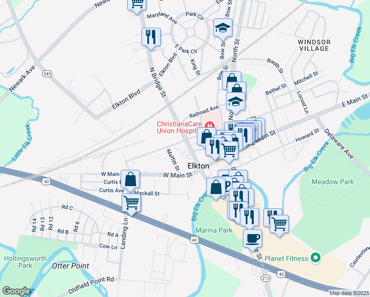 map of restaurants, bars, coffee shops, grocery stores, and more near in Elkton