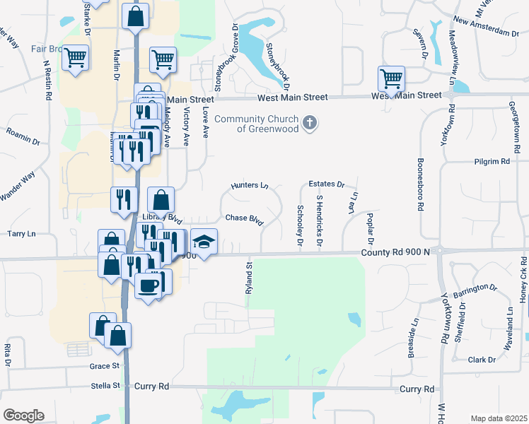 map of restaurants, bars, coffee shops, grocery stores, and more near 1508 Chase Boulevard in Greenwood