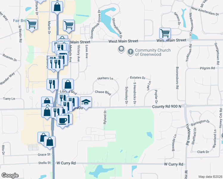 map of restaurants, bars, coffee shops, grocery stores, and more near 582 Redfox Court North in Greenwood