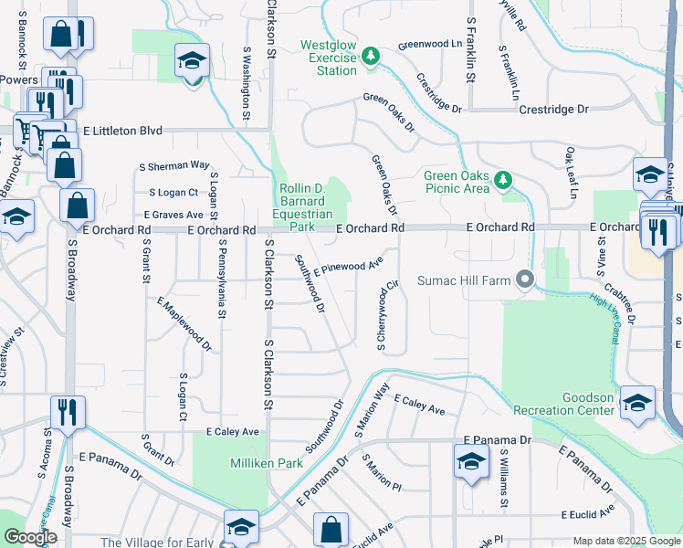 map of restaurants, bars, coffee shops, grocery stores, and more near 6120 South Southwood Drive in Centennial