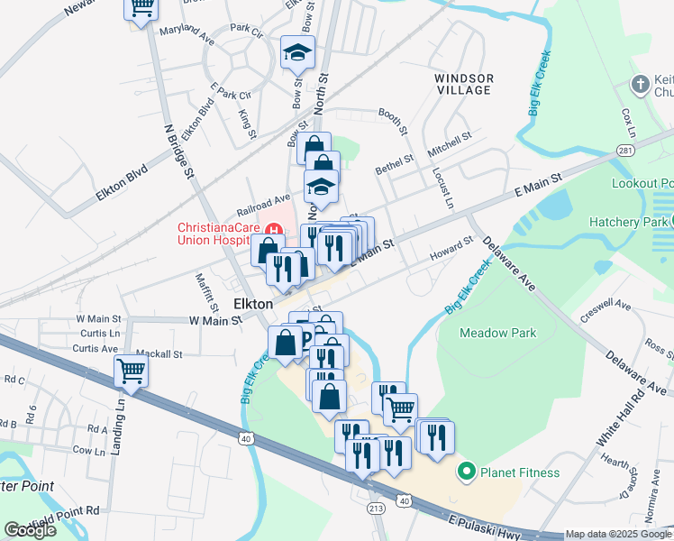 map of restaurants, bars, coffee shops, grocery stores, and more near 100 West Main Street in Elkton