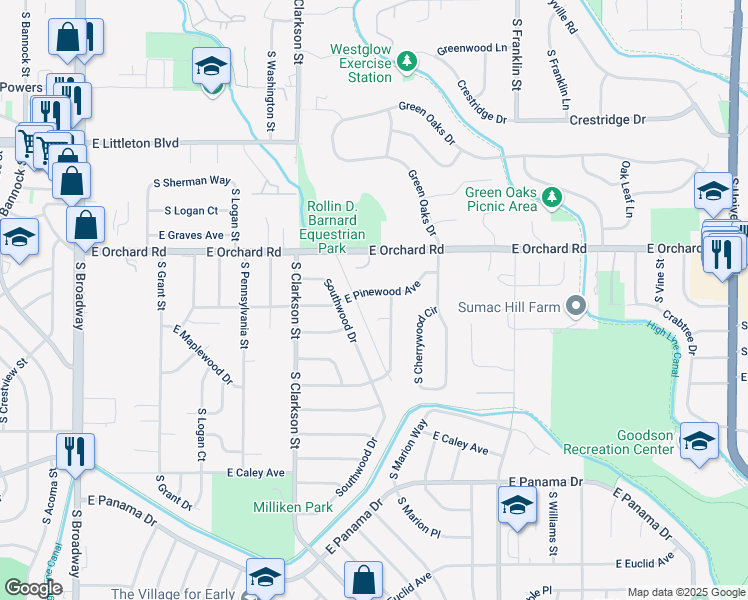 map of restaurants, bars, coffee shops, grocery stores, and more near 6120 South Southwood Drive in Centennial