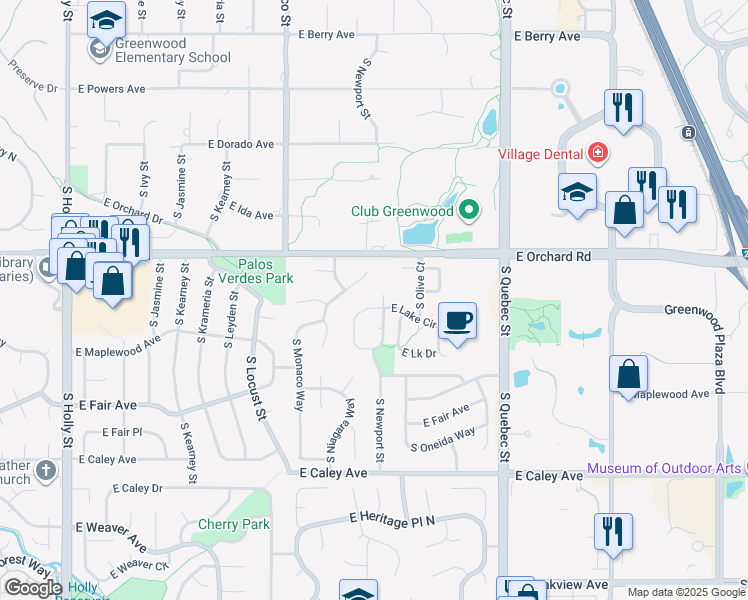 map of restaurants, bars, coffee shops, grocery stores, and more near in Centennial