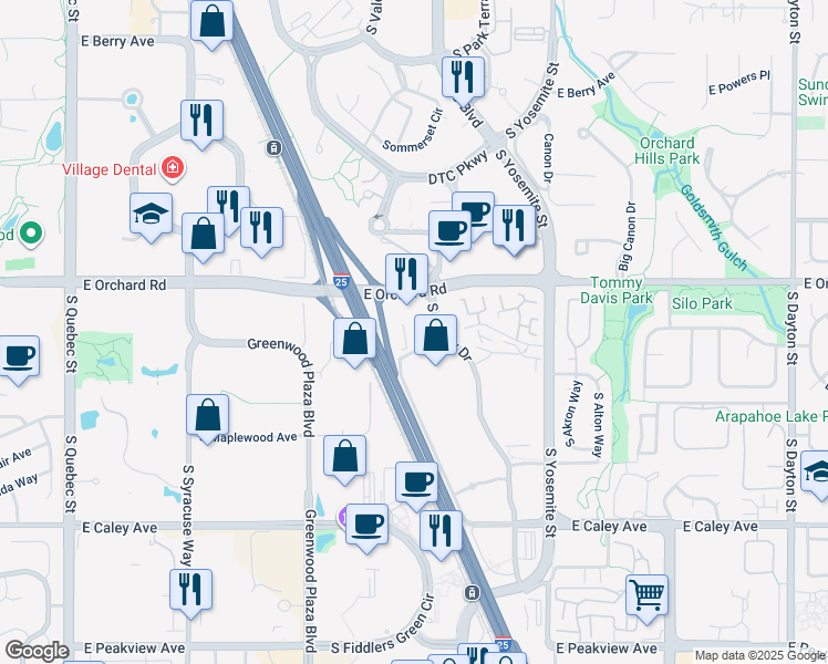 map of restaurants, bars, coffee shops, grocery stores, and more near 8480 East Orchard Road in Greenwood Village