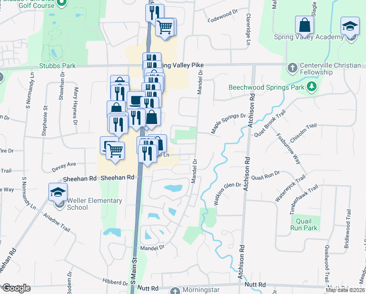 map of restaurants, bars, coffee shops, grocery stores, and more near 84 Marco Lane in Dayton