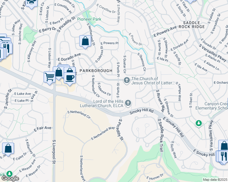 map of restaurants, bars, coffee shops, grocery stores, and more near 21581 East Aberdeen Drive in Centennial