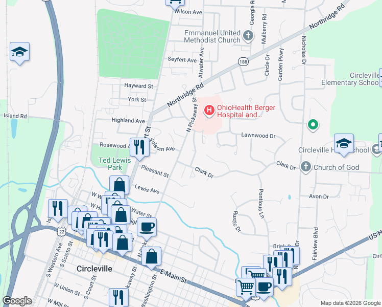 map of restaurants, bars, coffee shops, grocery stores, and more near 551 Springhollow Road in Circleville