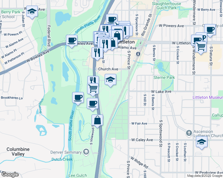 map of restaurants, bars, coffee shops, grocery stores, and more near 5900 South Santa Fe Drive in Littleton
