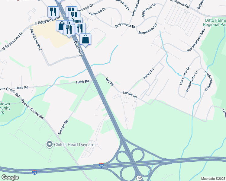 map of restaurants, bars, coffee shops, grocery stores, and more near 1945 Day Road in Hagerstown