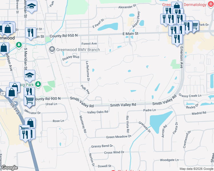 map of restaurants, bars, coffee shops, grocery stores, and more near 571 Cielo Vista Drive in Greenwood