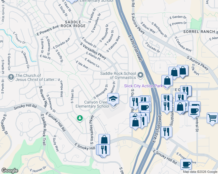 map of restaurants, bars, coffee shops, grocery stores, and more near 6014 South Yakima Street in Aurora