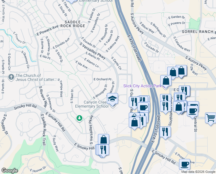 map of restaurants, bars, coffee shops, grocery stores, and more near 6014 South Yakima Street in Aurora