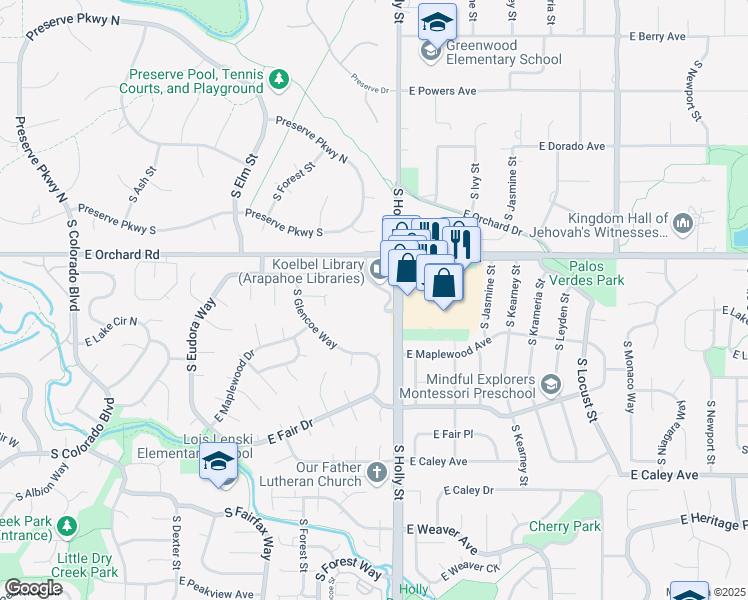 map of restaurants, bars, coffee shops, grocery stores, and more near 5999 South Holly Street in Centennial