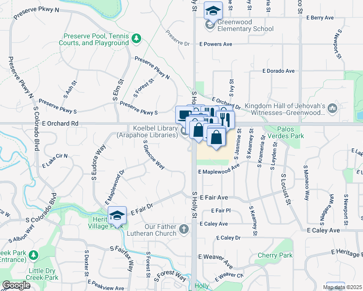 map of restaurants, bars, coffee shops, grocery stores, and more near 5999 South Holly Street in Centennial