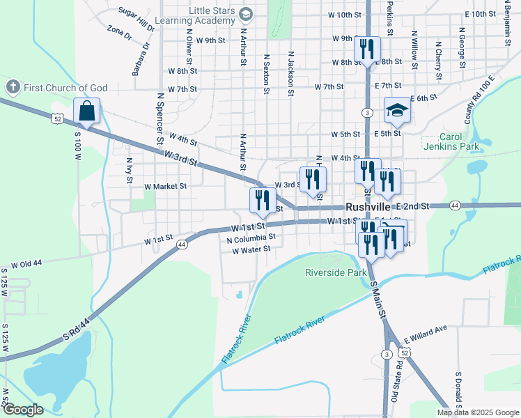 map of restaurants, bars, coffee shops, grocery stores, and more near 514 West 1st Street in Rushville