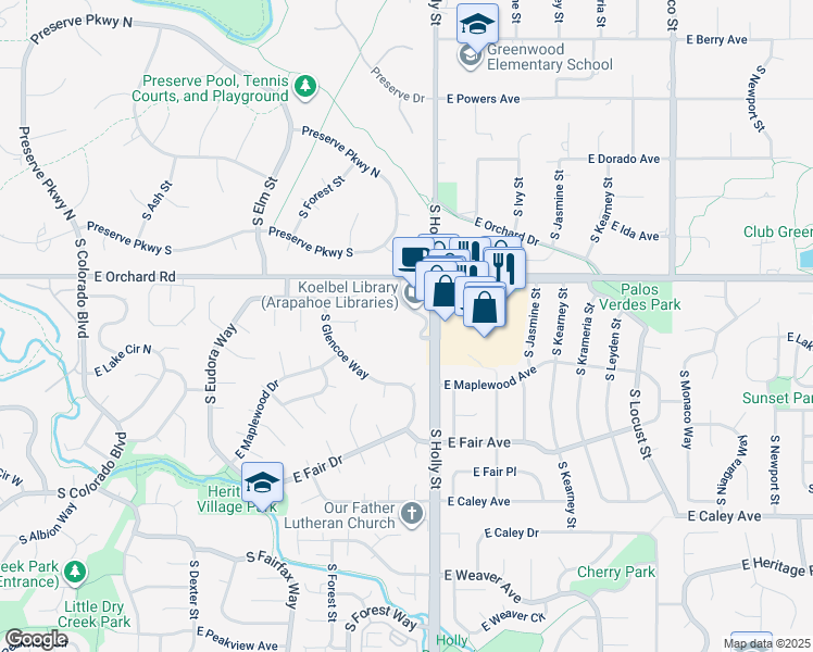 map of restaurants, bars, coffee shops, grocery stores, and more near 5975 South Holly Street in Littleton