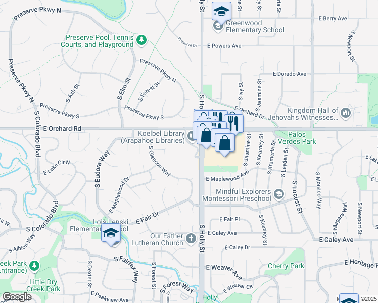 map of restaurants, bars, coffee shops, grocery stores, and more near 5975 South Holly Street in Littleton