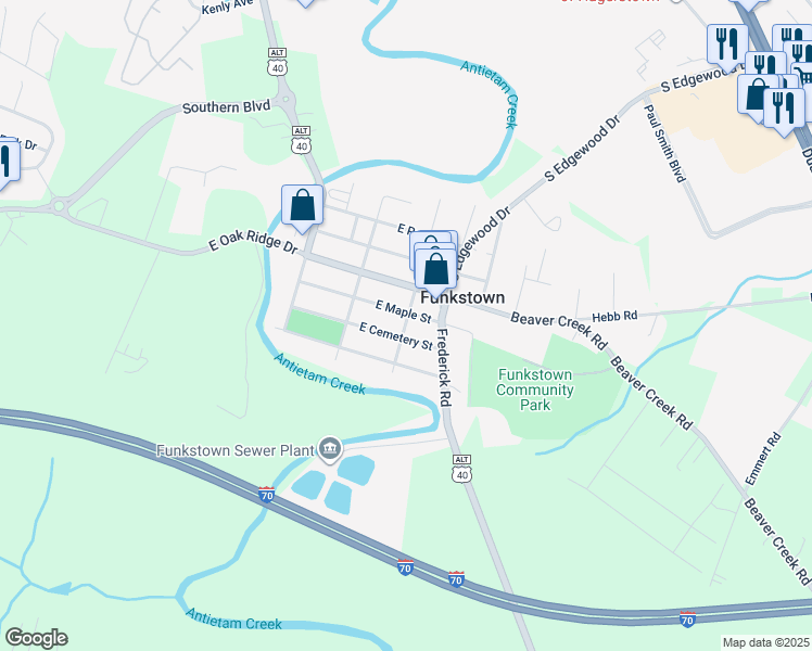map of restaurants, bars, coffee shops, grocery stores, and more near South High Street in Funkstown