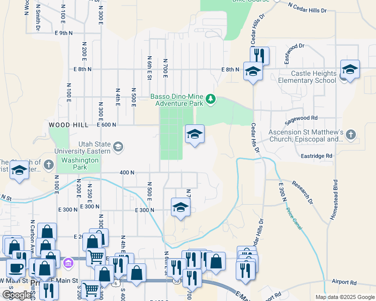 map of restaurants, bars, coffee shops, grocery stores, and more near 750 East 400 North in Price