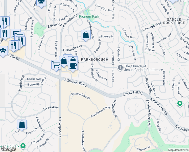 map of restaurants, bars, coffee shops, grocery stores, and more near 5993 South Netherland Circle in Centennial
