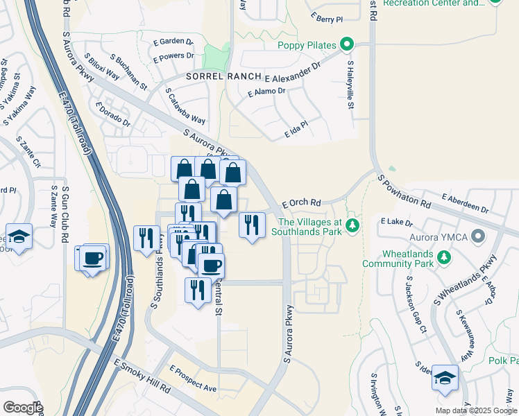 map of restaurants, bars, coffee shops, grocery stores, and more near 24301 East Orchard Road in Aurora