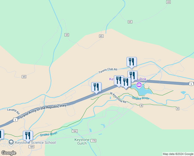 map of restaurants, bars, coffee shops, grocery stores, and more near 0180 Tennis Club Road in Dillon