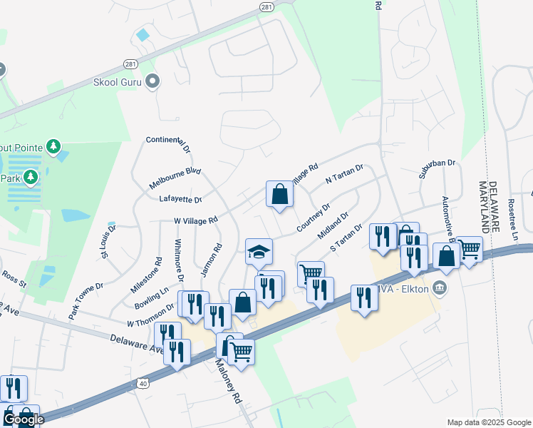 map of restaurants, bars, coffee shops, grocery stores, and more near 102 Montague Lane in Elkton