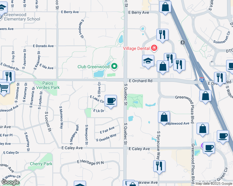 map of restaurants, bars, coffee shops, grocery stores, and more near 5975 South Quebec Street in Centennial