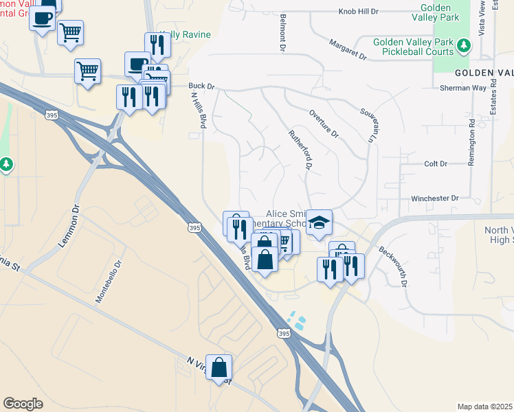 map of restaurants, bars, coffee shops, grocery stores, and more near 7105 Mustengo Court in Reno