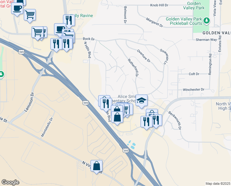 map of restaurants, bars, coffee shops, grocery stores, and more near 7100 Mustengo Court in Reno