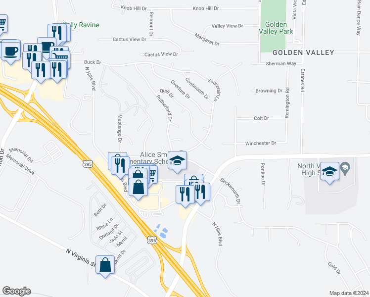 map of restaurants, bars, coffee shops, grocery stores, and more near 7135 Souverain Lane in Reno