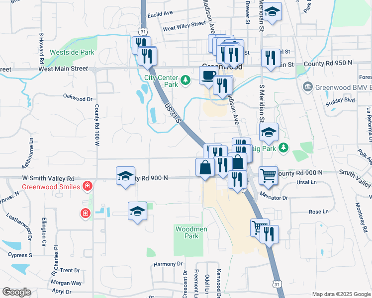map of restaurants, bars, coffee shops, grocery stores, and more near 510 U.S. 31 in Greenwood