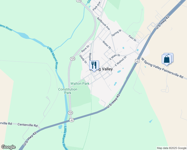 map of restaurants, bars, coffee shops, grocery stores, and more near 19 West Walnut Street in Spring Valley