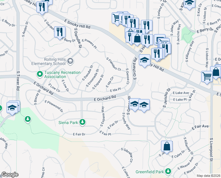 map of restaurants, bars, coffee shops, grocery stores, and more near 19606 East Ida Place in Aurora