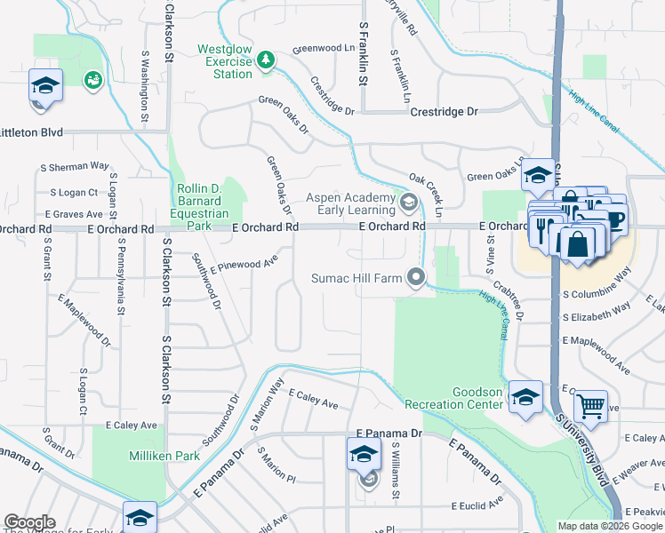 map of restaurants, bars, coffee shops, grocery stores, and more near 1408 East Maplewood Court in Centennial