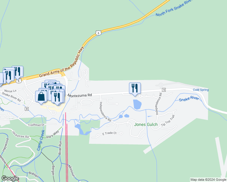map of restaurants, bars, coffee shops, grocery stores, and more near 590 Montezuma Road in Dillon
