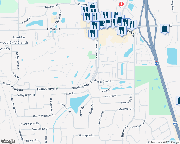 map of restaurants, bars, coffee shops, grocery stores, and more near 626 Nicole Drive in Greenwood