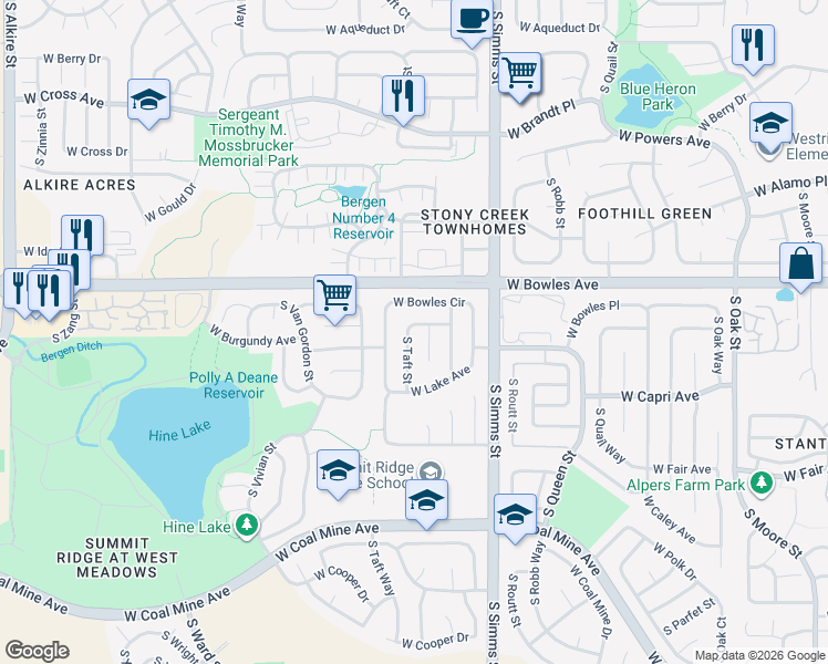 map of restaurants, bars, coffee shops, grocery stores, and more near 5942 South Taft Street in Littleton