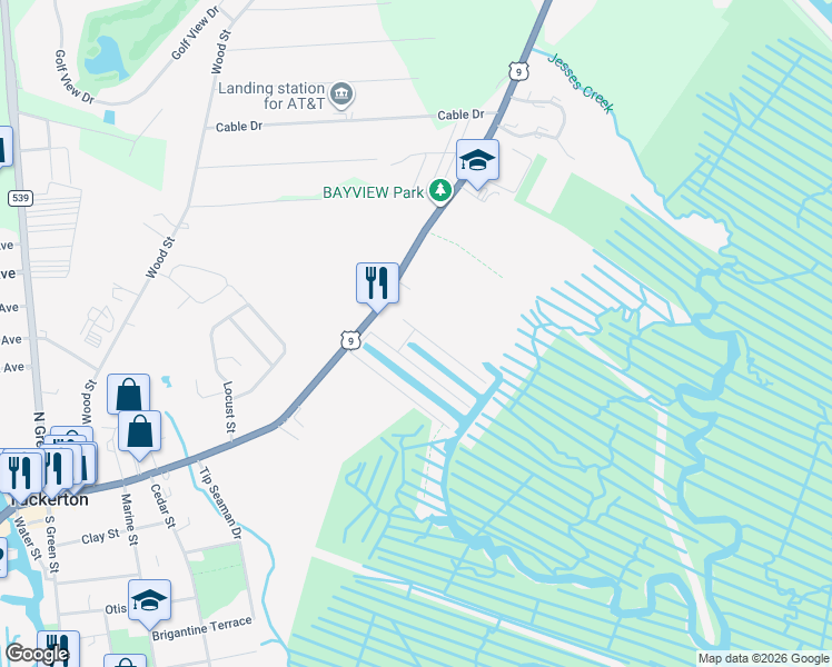map of restaurants, bars, coffee shops, grocery stores, and more near 20 Fairway Drive in Tuckerton