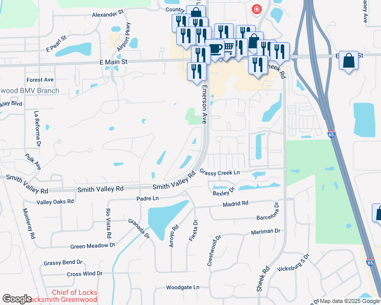 map of restaurants, bars, coffee shops, grocery stores, and more near 610 Paradise Court in Greenwood
