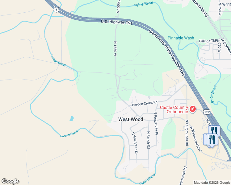 map of restaurants, bars, coffee shops, grocery stores, and more near 1511 Gordon Creek Road in Price