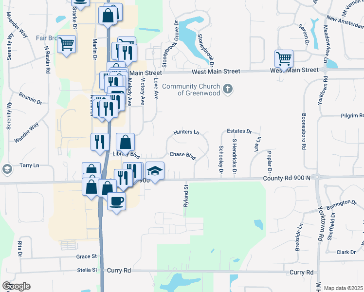map of restaurants, bars, coffee shops, grocery stores, and more near 1547 Doe Lane in Greenwood