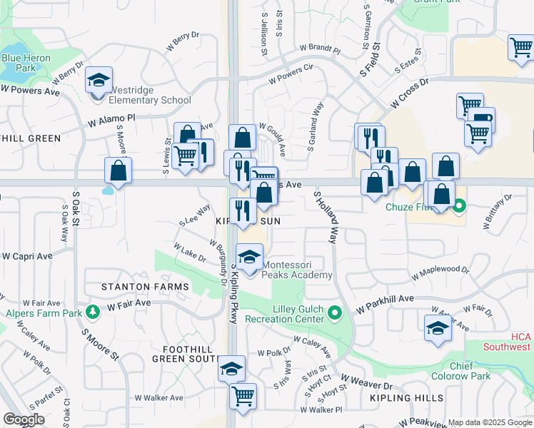 map of restaurants, bars, coffee shops, grocery stores, and more near 5910 South Jellison Street in Littleton