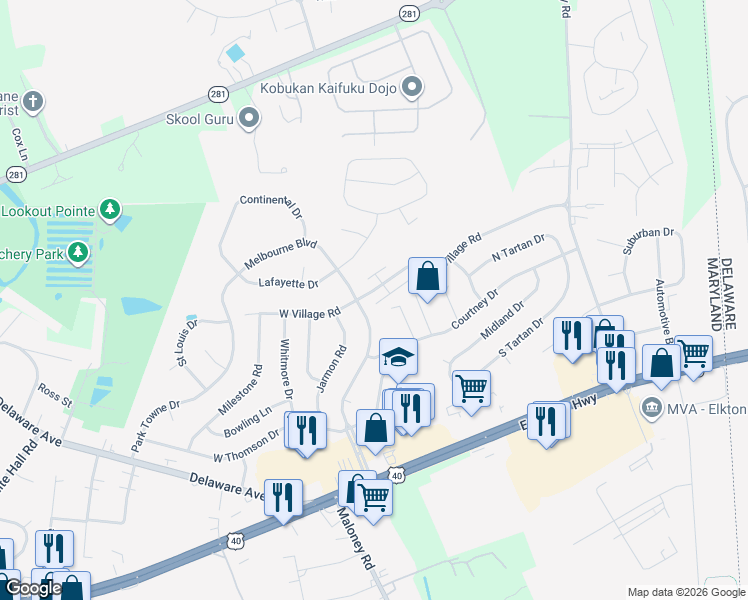 map of restaurants, bars, coffee shops, grocery stores, and more near 134 East Village Road in Elkton