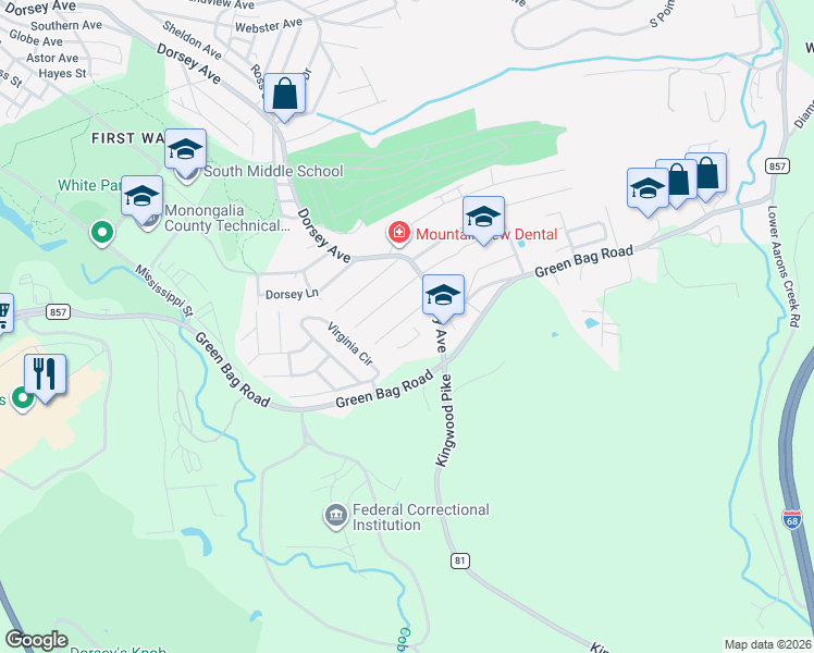 map of restaurants, bars, coffee shops, grocery stores, and more near 1216 Philip Street in Morgantown