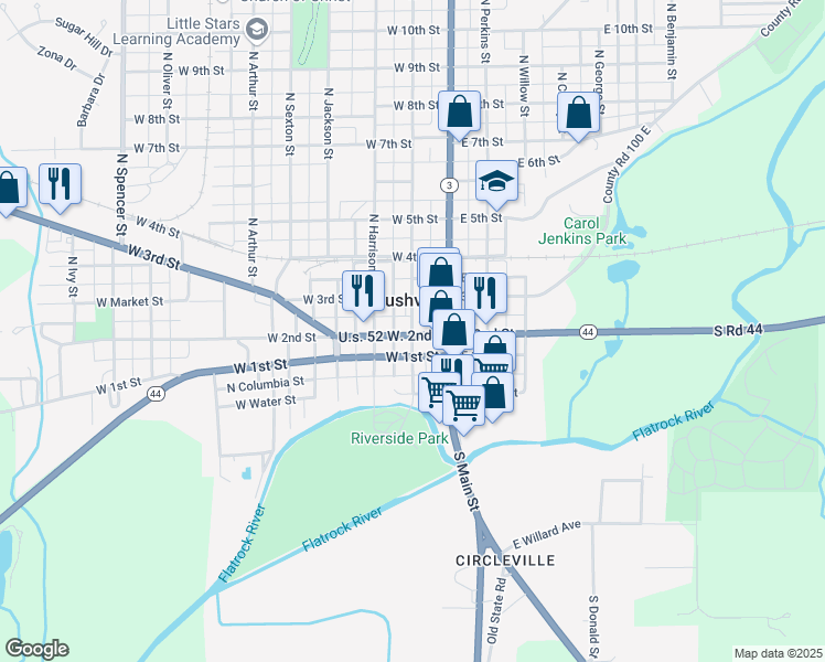 map of restaurants, bars, coffee shops, grocery stores, and more near 210 North Morgan Street in Rushville