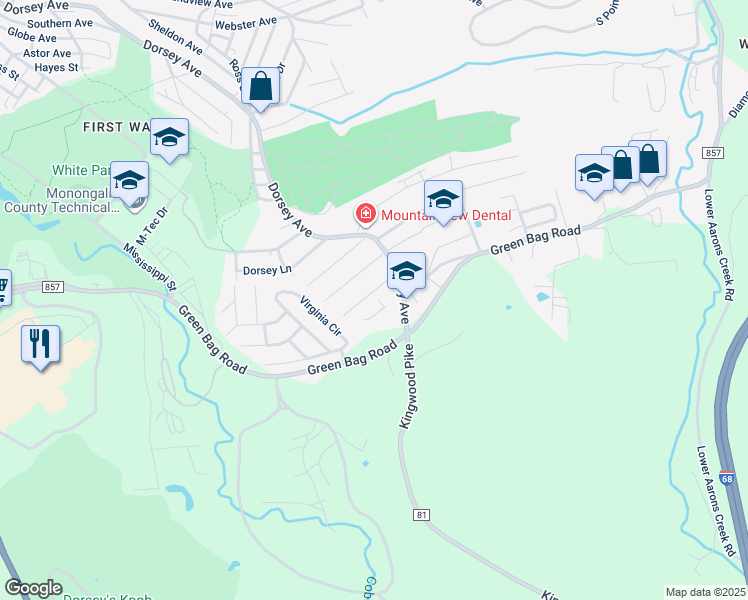 map of restaurants, bars, coffee shops, grocery stores, and more near 1216 Philip Street in Morgantown