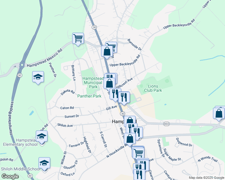 map of restaurants, bars, coffee shops, grocery stores, and more near 1232 North Main Street in Hampstead