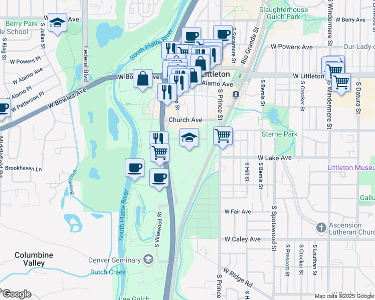 map of restaurants, bars, coffee shops, grocery stores, and more near 5900 South Santa Fe Drive in Littleton