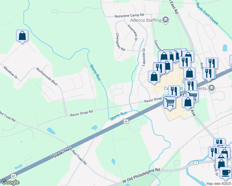 map of restaurants, bars, coffee shops, grocery stores, and more near 1000 Maresca Circle in North East